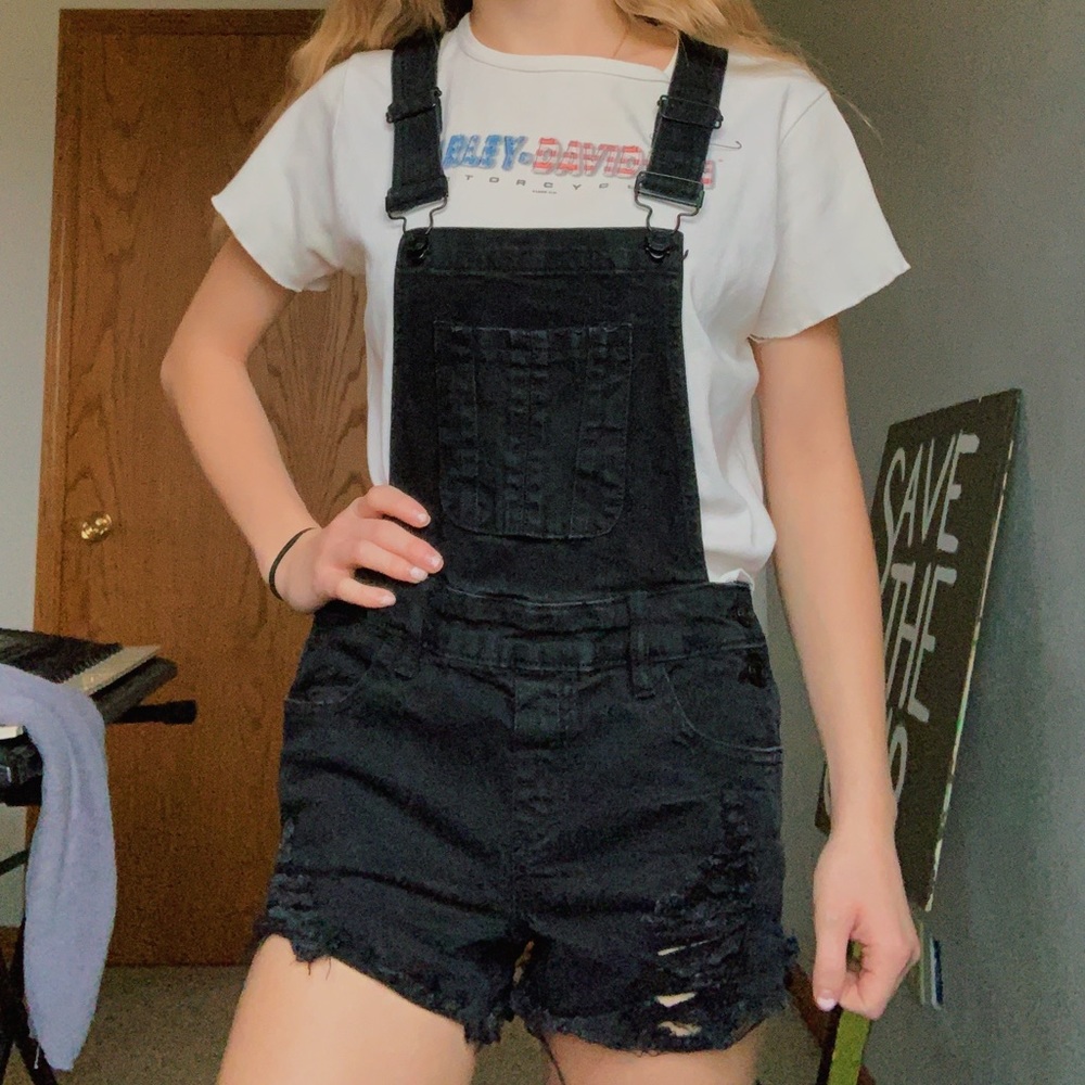 Black distressed overall shorts